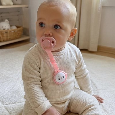 bébé avec son accroche tétine et sa sucette