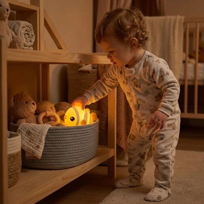 bébé choisit sa veilleuse bebe dans un panier de jouet