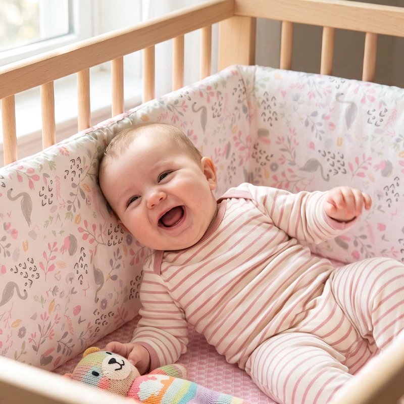 bébé content appuyé contre son tour de lit bebe