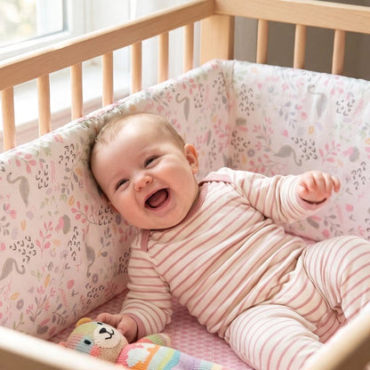 bébé content appuyé contre son tour de lit bebe