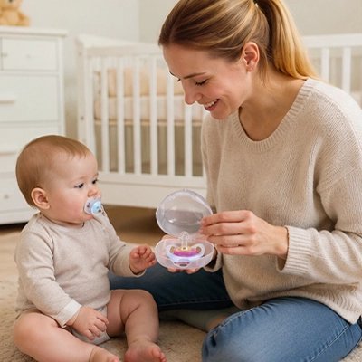 bébé découvre sa nouvelle tétine dans sa boite à tétine