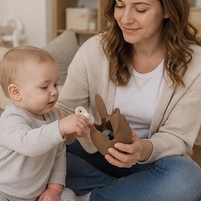 Bébé dépose sucette dans porte tetine avec maman.