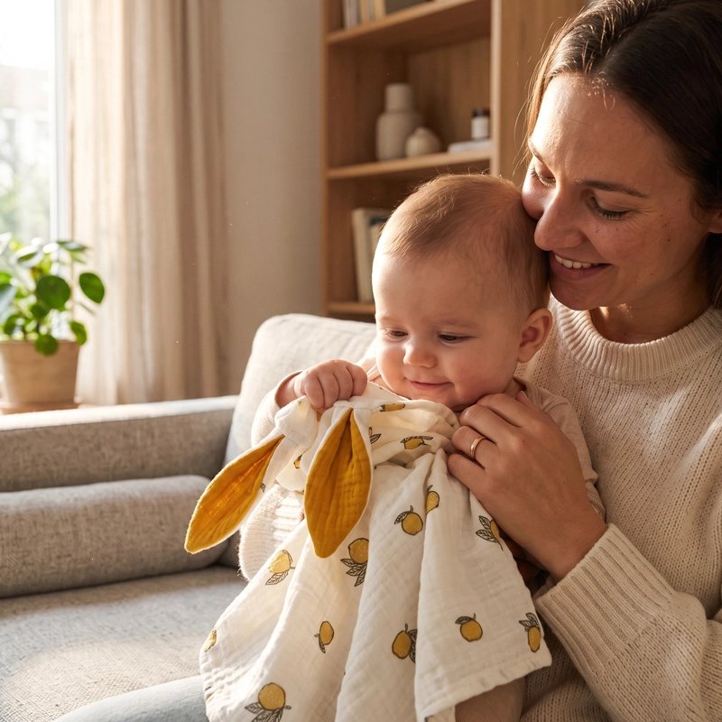 bébé dans les bras de maman caline son lapin doudou