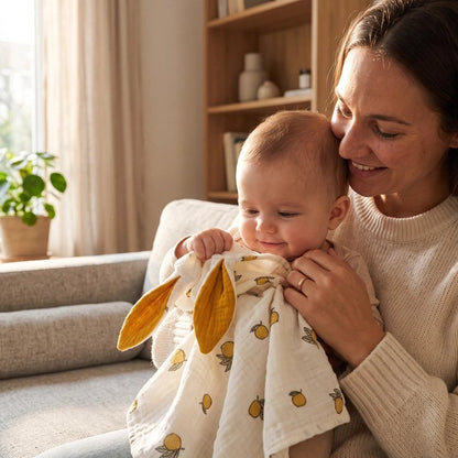 bébé dans les bras de maman caline son lapin doudou
