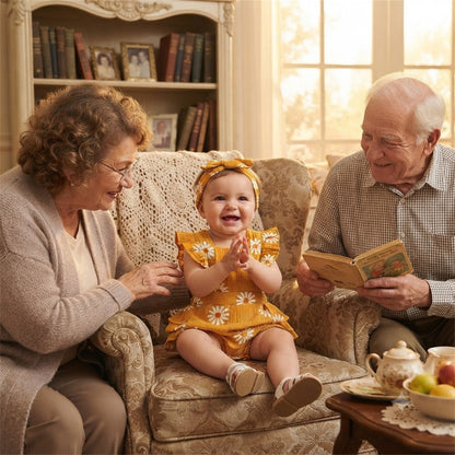 bébé dans sa barboteuse jaune chez Mamie et Papi