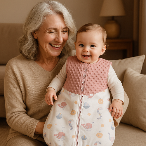 bébé dans sa gigoteuse bébé hiver avec mamie