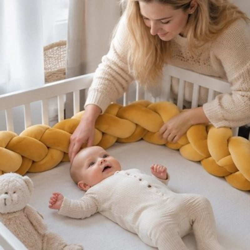 bébé dans son berceau avec le tour de lit tressé