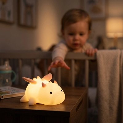 bébé debout dans berceau veut prendre veilleuse sur bureau