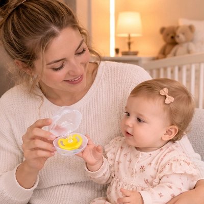 Bébé demande sa tétine dans la boite à tétine a maman.