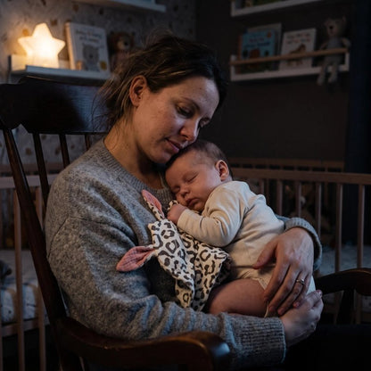 bébé dort dans les bras de maman en tenant son lapin doudou