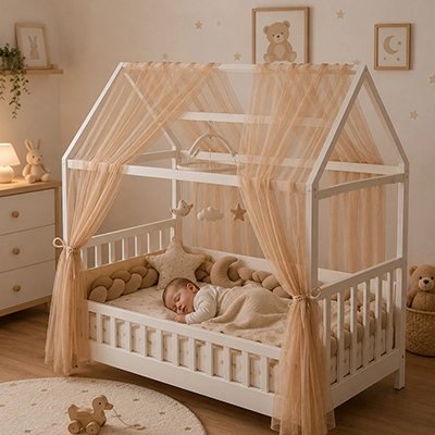 bébé dort dans son lit recouvert d'un ciel de lit enfant caramel