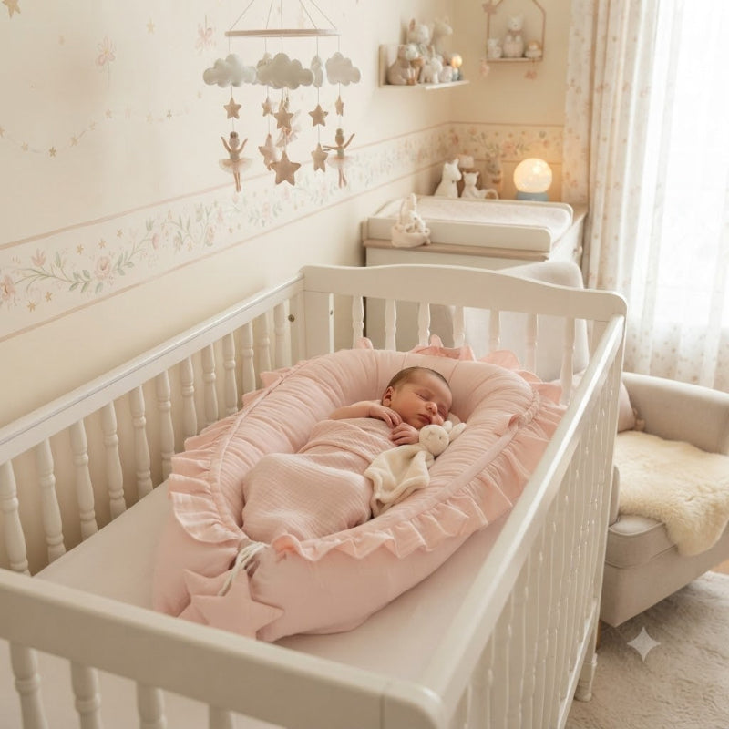 Bébé dort dans son reducteur de lit rose dans le berceau.