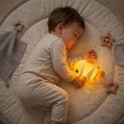 bébé fait la sieste sur son tapis avec sa veilleuse bebe