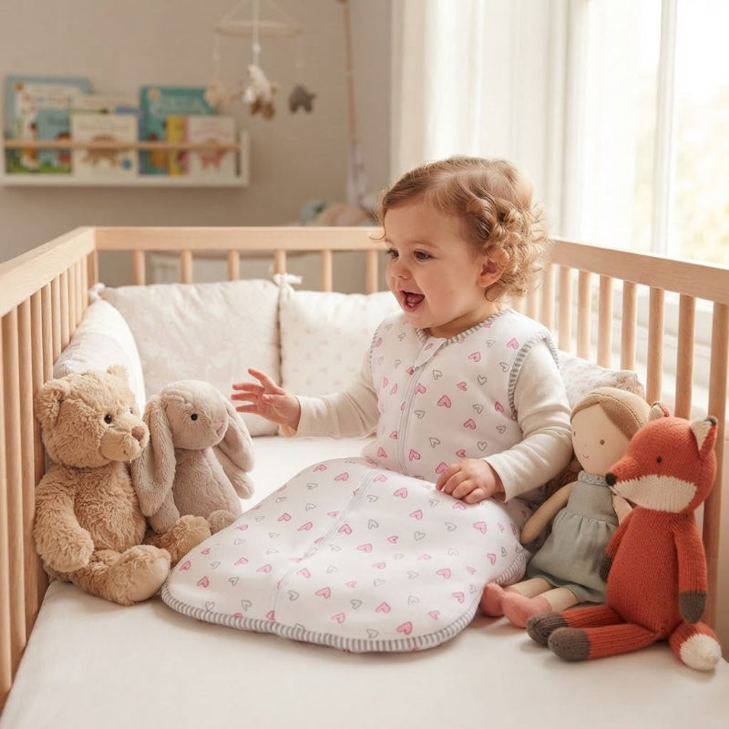bébé fille dans sa gigoteuse bebe qui parle à ses jouets