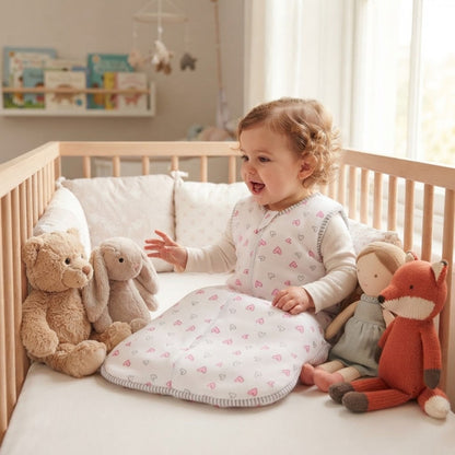 bébé fille dans sa gigoteuse bebe qui parle à ses jouets
