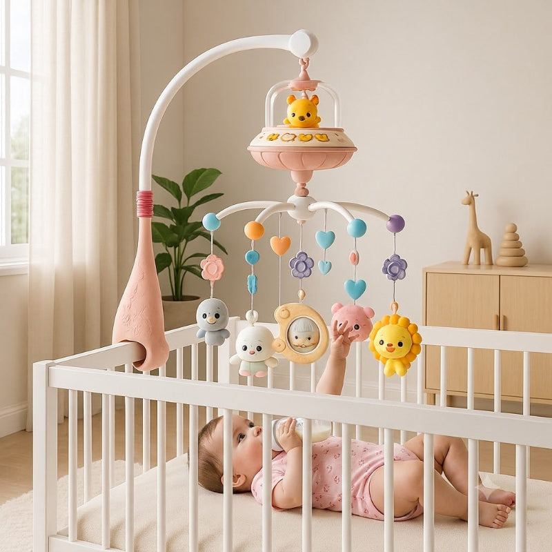 bébé fille qui tend la main vers son mobile musical bébé tout en buvant-son biberon