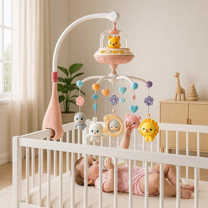 bébé fille qui tend la main vers son mobile musical bébé tout en buvant-son biberon