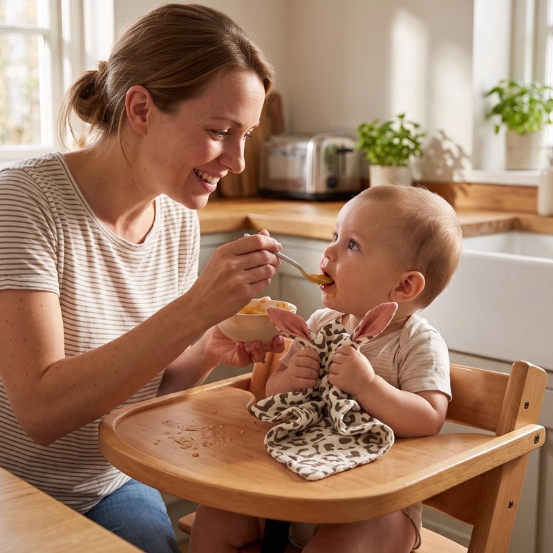 Bébé mange avec lapin doudou