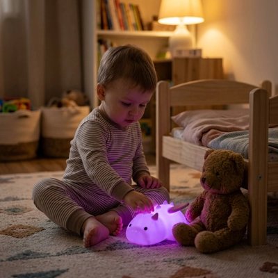 bébé qui tape sur la veilleuse violette pour changer de couleur