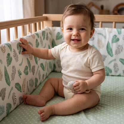 bébé qui touche son tour de lit bebe