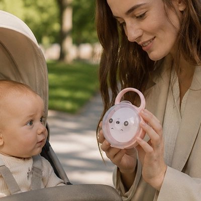 bébé regarde visage porte tetine avec maman