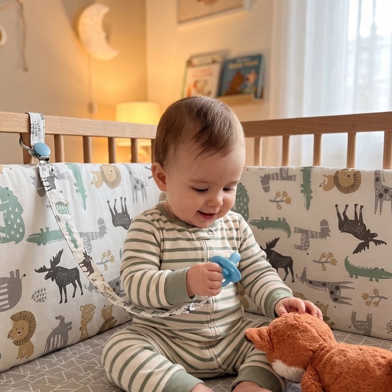 bébé s'amuse avec tétine et ourson entouré par tour de lit bebe
