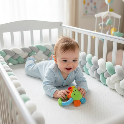 bébé s'amuse dans berceau entouré tresse de lit