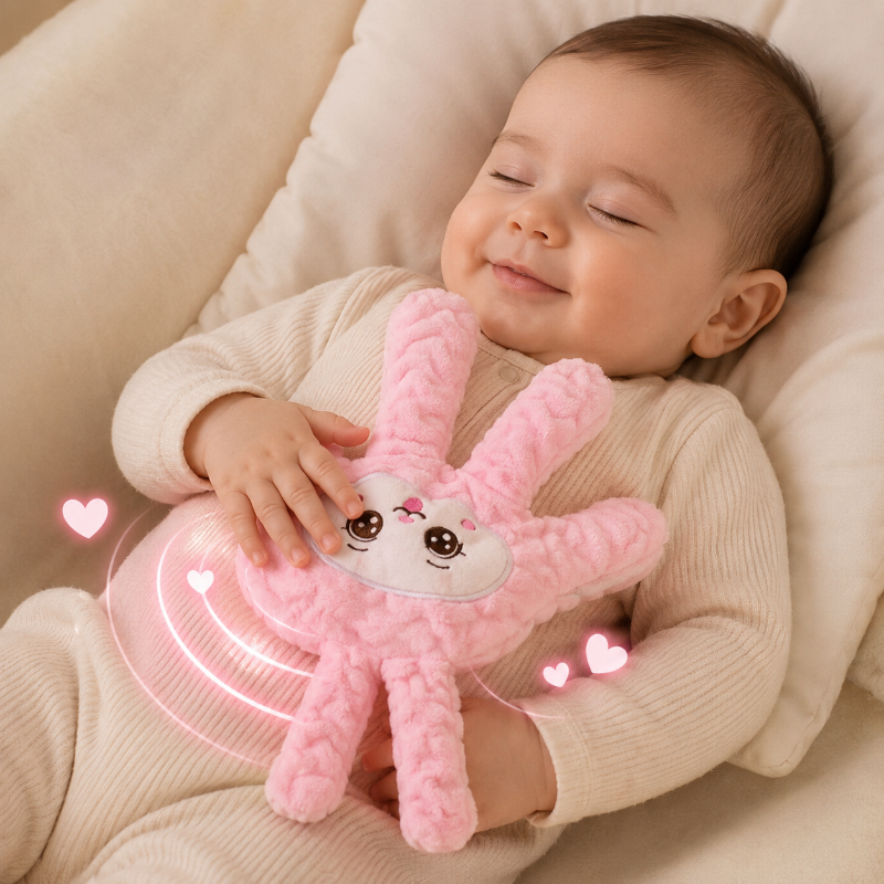 bébé sourit soulagé par la doudou bebe main