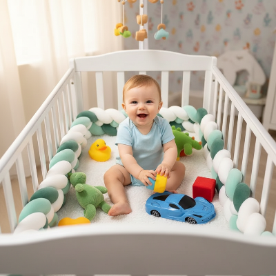 bébé sourit à maman dans son berceau et sa tresse de lit