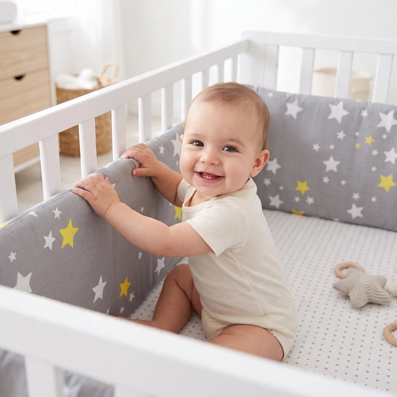 bébé sourit assis dans berceau avec son tour de lit