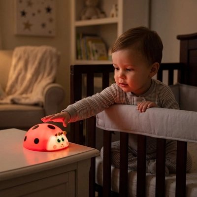 bébé tape sur sa veilleuse enfant en forme de coccinelle