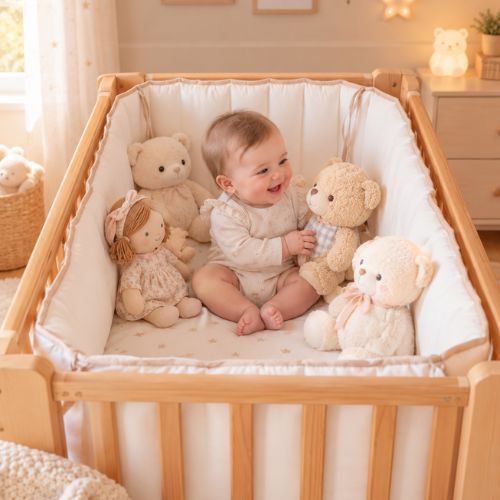 bébé assis avec ses amis dans son berceau avec le contour de lit de bébé
