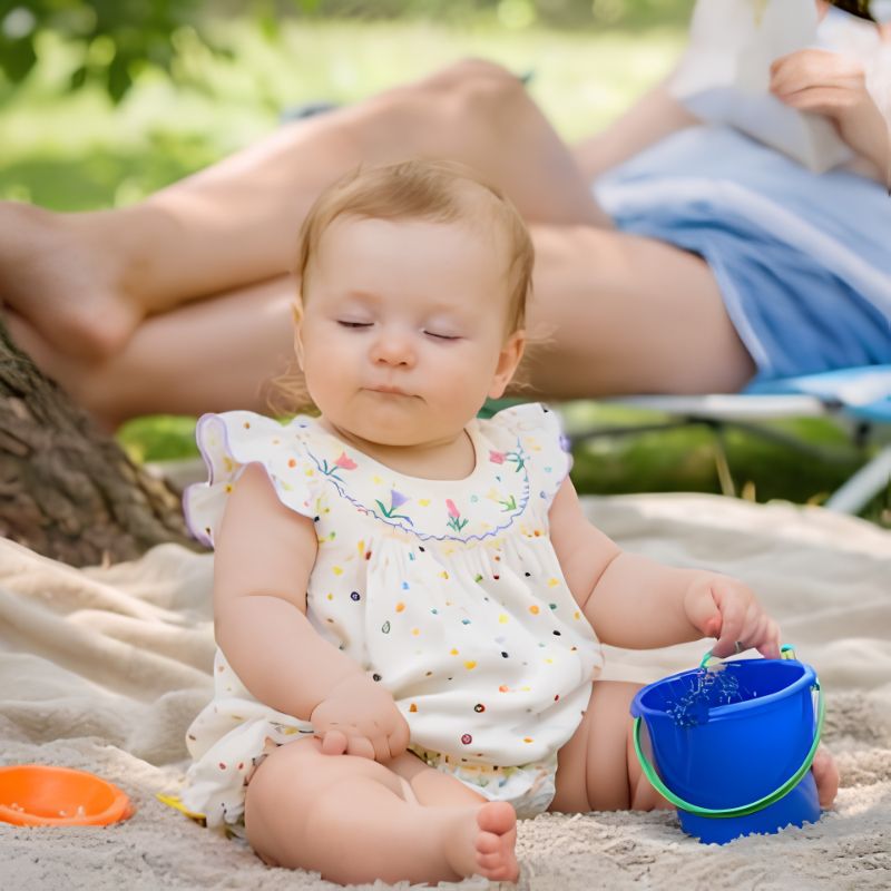 bébé à la plage avec sa barboteuse bébé fille