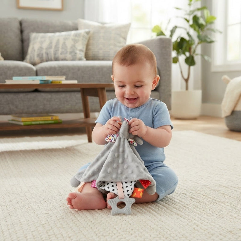 Bébé assis au salon joue avec sa doudou bebe éléphant