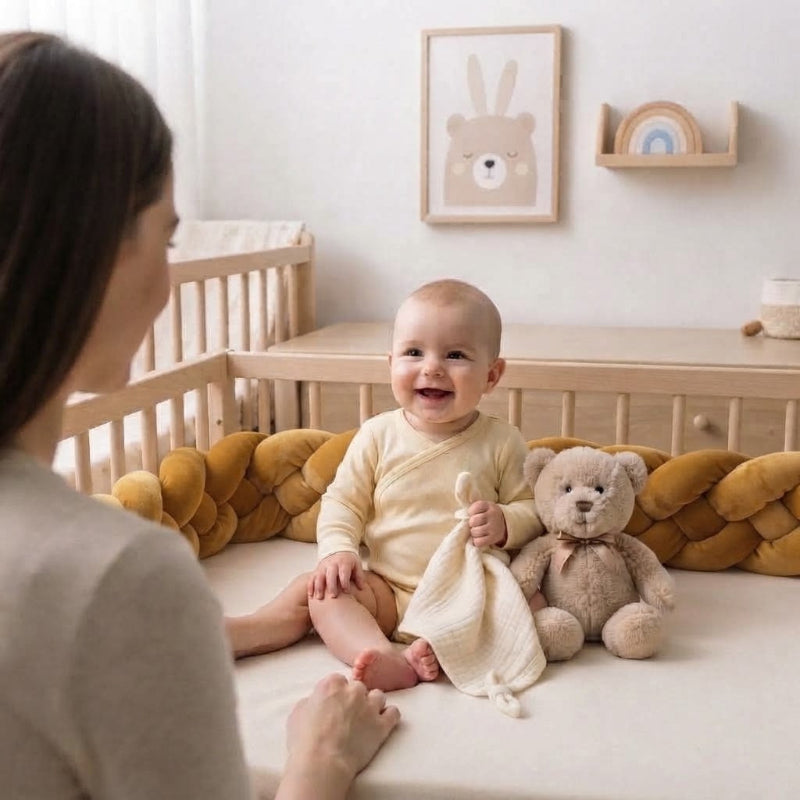 bébé assis dans berceau avec tour de lit tressé qui sourit à maman