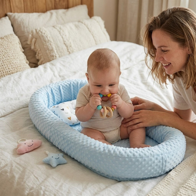 bébé assis dans réducteur cododo  avec maman à coté