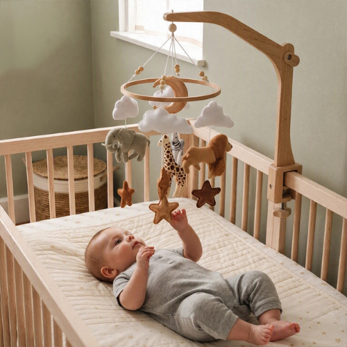 bébé attrape l'étoile de son mobile bébé