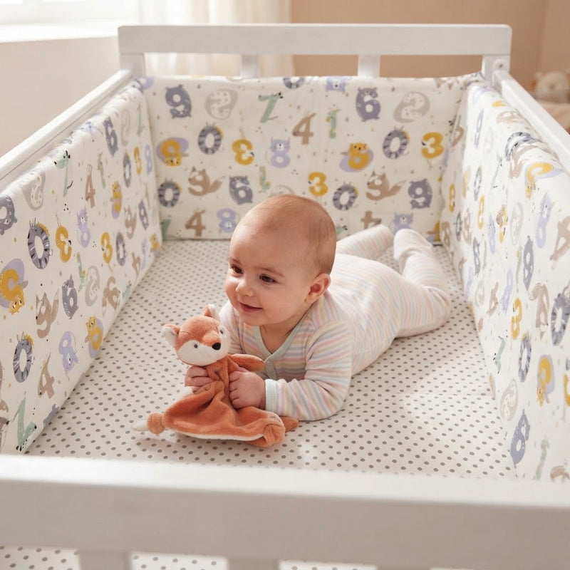 bébé avec sa doudou dans berceau avec tour de lit bebe