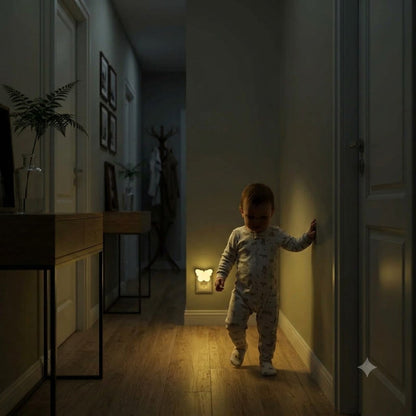 bébé circule dans le corridor éclairé par veilleuse murale bebe