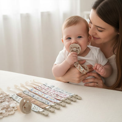 Bébé content de choisir attache tetine avec maman