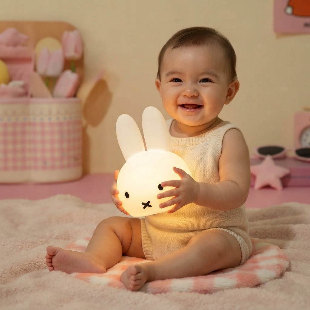 bébé content tient sa veilleuse lapin