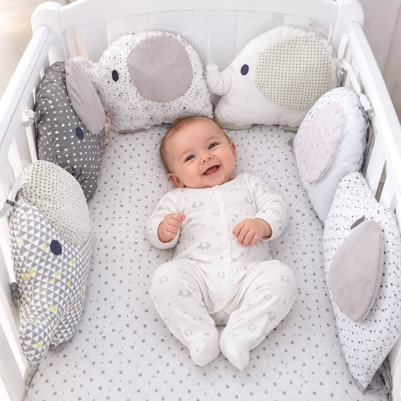bébé dans berceau sourit à son tour de lit bébé éléphants