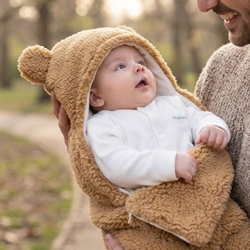 bébé dans les bras Papa dans nid d'ange dehors