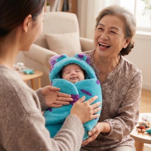 bébé dans nid d'ange avec maman et mamie qui rigole
