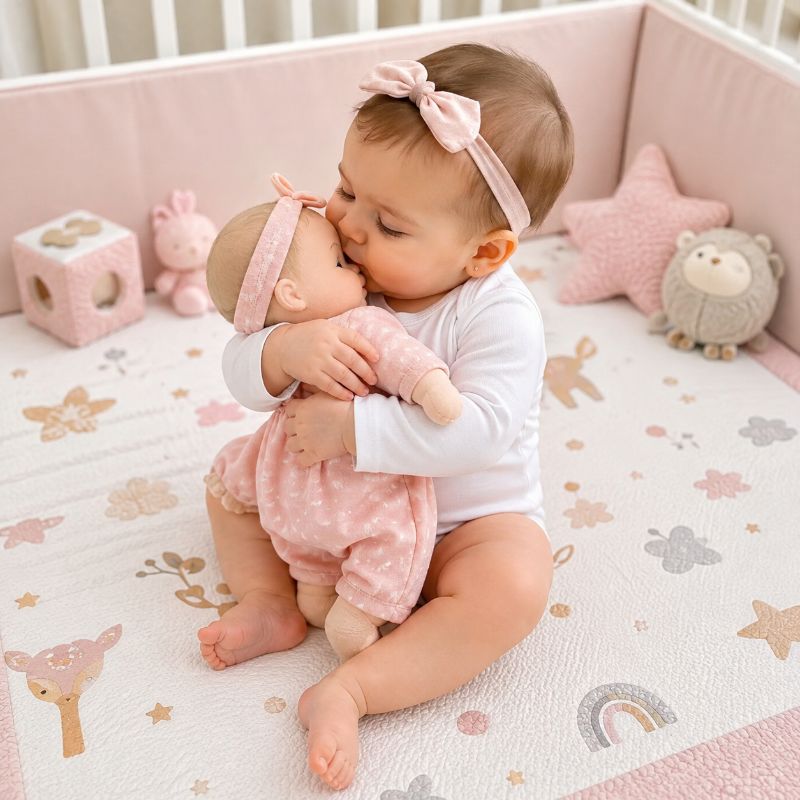 bébé dans sa gigoteuse body qui embrasse sa poupée