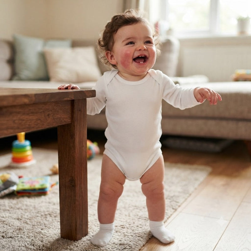 bébé dans sa gigoteuse body qui est content d'être debout