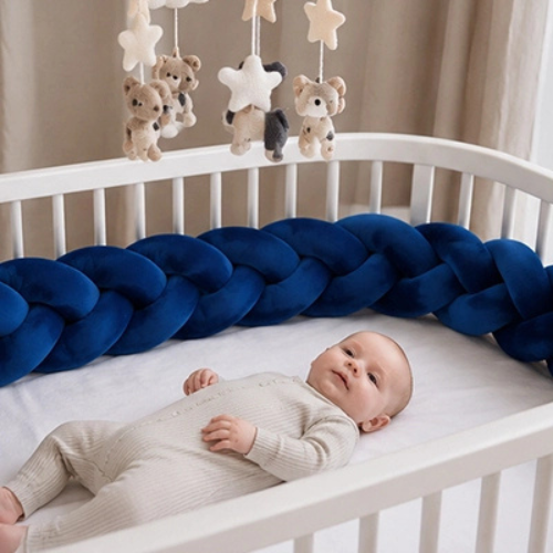 bébé dans son berceau avec tresse de lit bébé océan