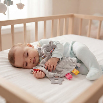 bébé dans son berceau qui dort avec son doudou bebe qu'il serre entre ses bras