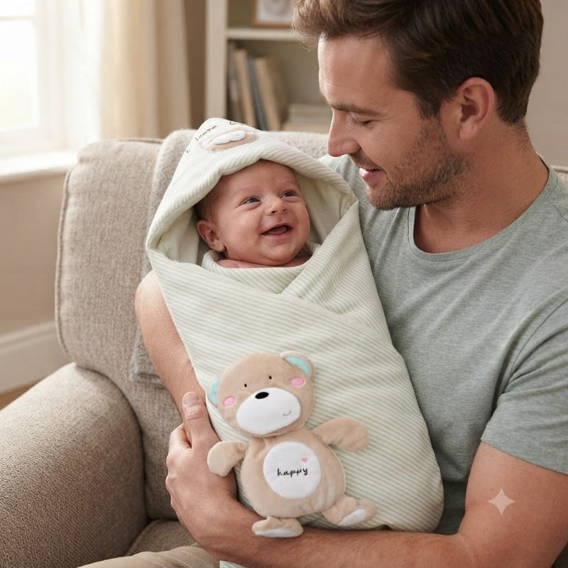 bébé dans son nid d'ange dans les bras de papa