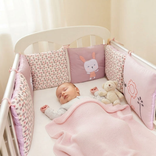 Bébé dort dans son lit protégé par un tour de lit rose